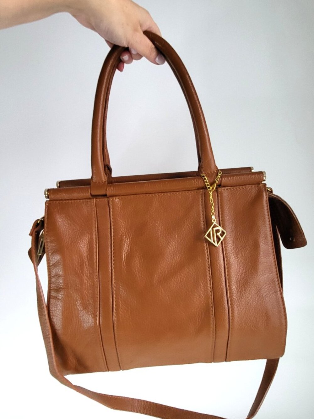 Classic Brown Leather Tote Handbag with Gold Charm